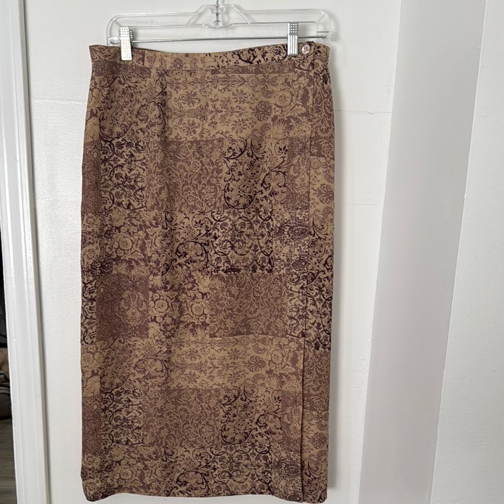 Talbots Elegant Brown Patterned Silk Midi Skirt Size 14